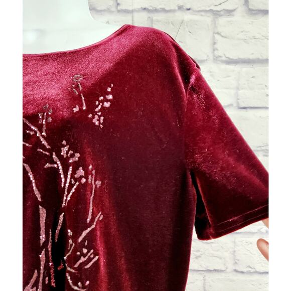 Kathie Lee Burgundy Velour Glitter Floral Design Bodice Top XL Lightweight Soft - Picture 2 of 5